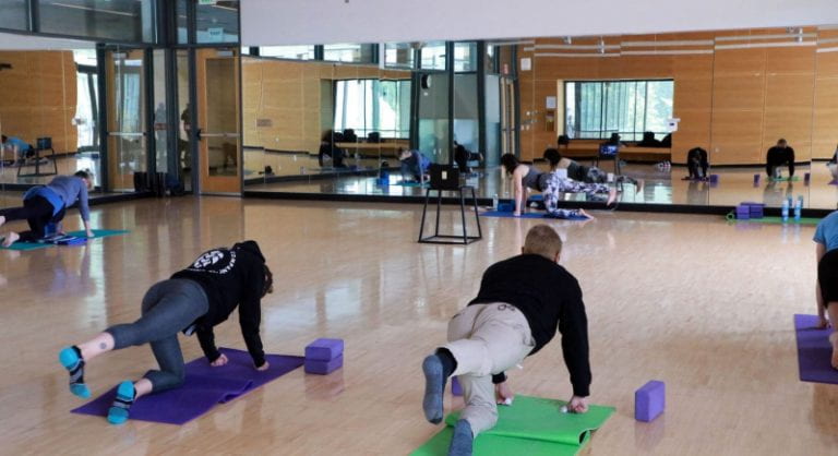 5 people practicing yoga in a fitness studio in the WWU Rec Center