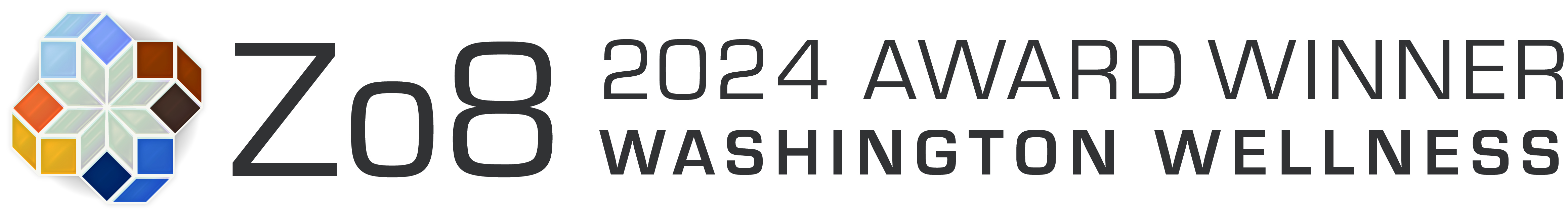 Zo8 logo with eight colored facets in orange and blue, alongside the text: 2024 Award Winner Washington Wellness. 
