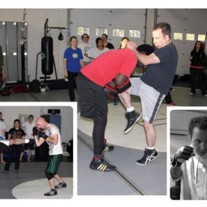A collage of three pictures depicting Rob performing kickboxing exercises.